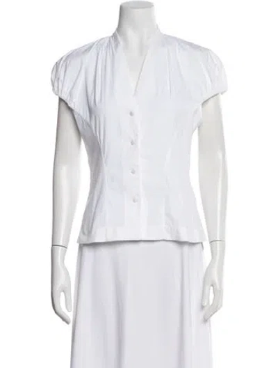 Pre-owned Lela Rose V-neck Short Sleeve Blouse In White