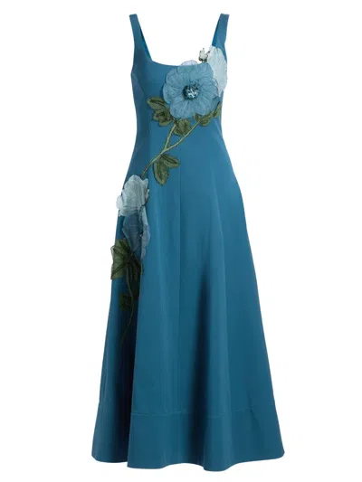 Lela Rose Women's 3d Floral-embroidered Cotton-blend Maxi Dress In Green