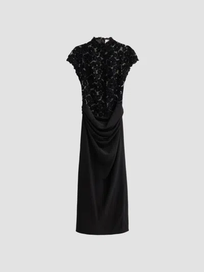 Lela Rose Women's Embroidered Chenille Tulle Draped Midi Dress In Black