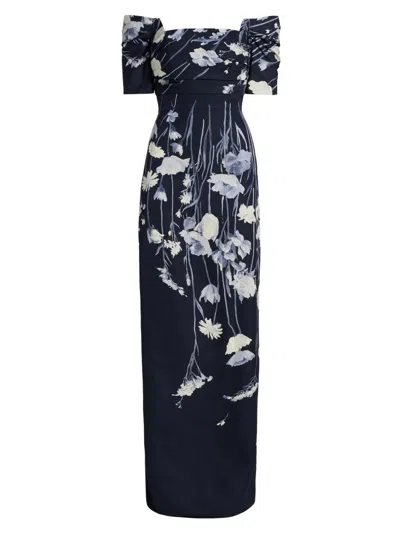 Lela Rose Women's Floral Faille Off-the-shoulder Gown In Blue