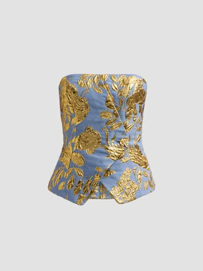 Lela Rose Women's Floral Metallic Fil Coupé Strapless Top In Blue