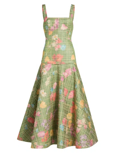 Lela Rose Women's Floral Raffia Drop Waist Midi-dress In Green