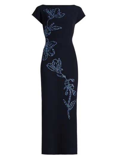 Lela Rose Ikat Floral Embroidered Stretch Crepe Gown In Blue
