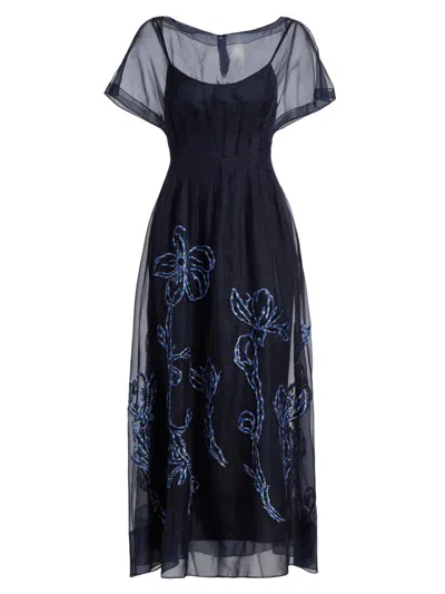 Lela Rose Ikat Floral Embroidered Silk Organza Dress In Blue