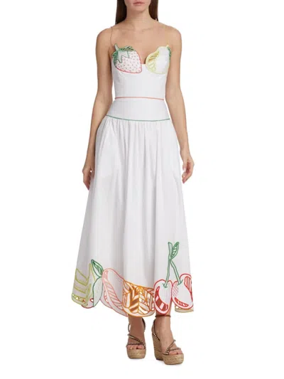 Lela Rose Women's Fruit Embroidered Midi Dress In White Multi