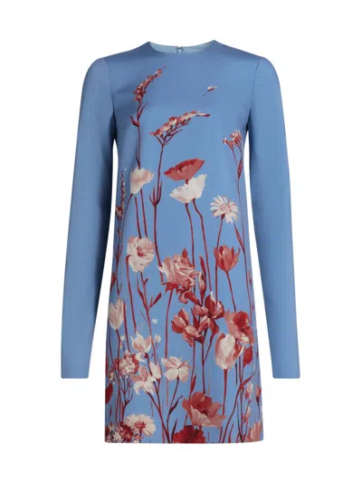 Lela Rose Floral Long Sleeve Stretch Crepe Shift Dress In Blue