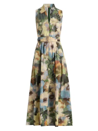 LELA ROSE WOMEN'S MARGOT FLORAL BELTED COTTON MIDI-DRESS