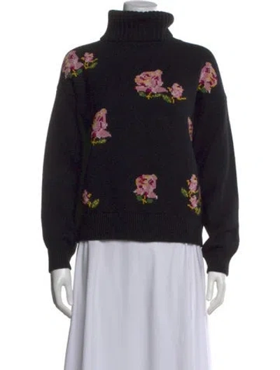 Pre-owned Lela Rose Wool Floral Print Sweater In Black