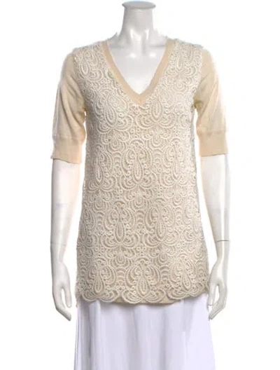 Pre-owned Lela Rose Wool Lace Pattern Top In Neutrals
