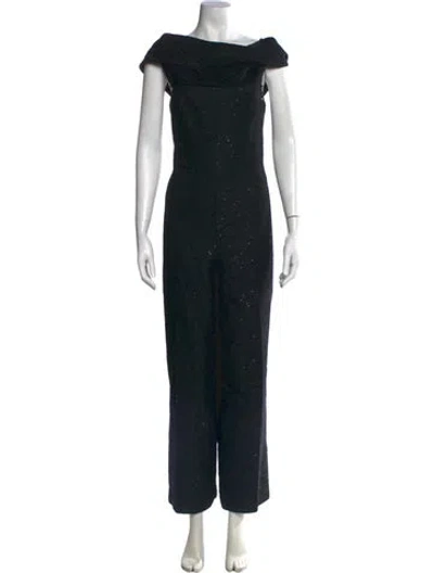 Pre-owned Lela Rose Wool Off-the-shoulder Jumpsuit In Black