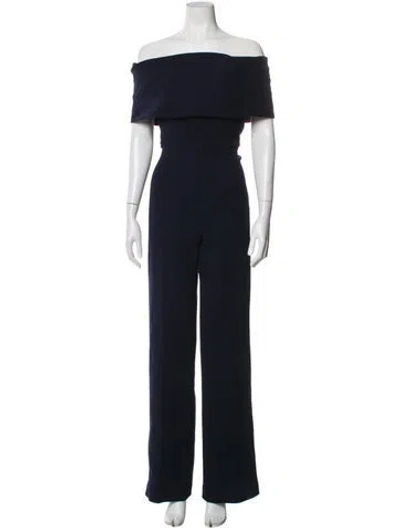 Pre-owned Lela Rose Wool Off-the-shoulder Jumpsuit In Blue