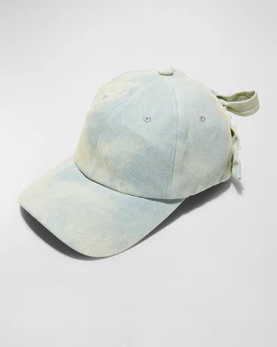 Lele Sadoughi Acid Wash Denim Baseball Hat With Pearly Bow In Blue
