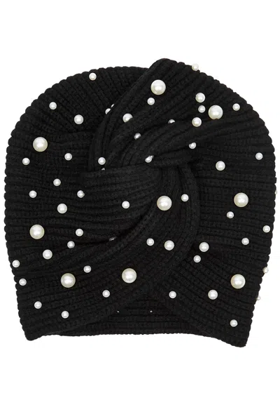 Lele Sadoughi Black Faux Pearl-embellished Ribbed Hair Turban