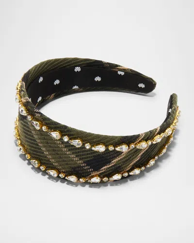 Lele Sadoughi Brigitte Crystal-embellished Corduroy Plaid Headband In Gold