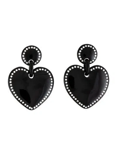 Pre-owned Lele Sadoughi Crystal & Acetate Stitch Heart Drop Earrings In Black