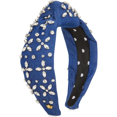 Lele Sadoughi Crystal Embellished Knot Denim Headband In Indigo Denim