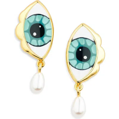 Lele Sadoughi Evil Eye Freshwater Pearl Drop Earrings In Gold
