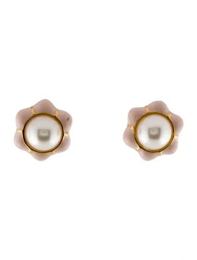 Pre-owned Lele Sadoughi Faux Pearl & Enamel Carnation Stud Earrings In Multi
