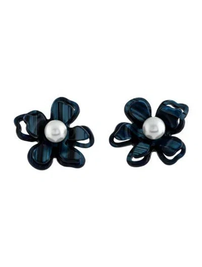 Pre-owned Lele Sadoughi Faux Pearl Azalea Button Stud Earrings In Blue