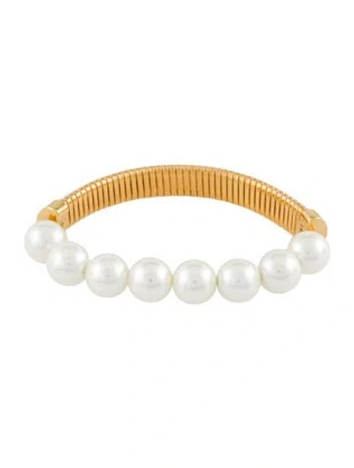 Pre-owned Lele Sadoughi Faux Pearl Snake Chain Bangle Bracelet, 6.5" In White