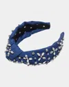 Lele Sadoughi Crystal Embellished Knot Denim Headband In Indigo Denim