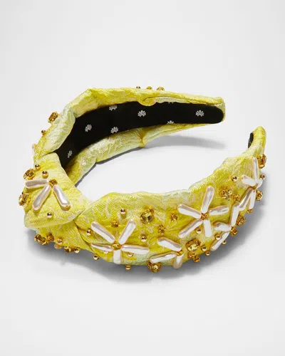 Lele Sadoughi Knotted Faux-pearl Floral Brocade Headband In Dandelion