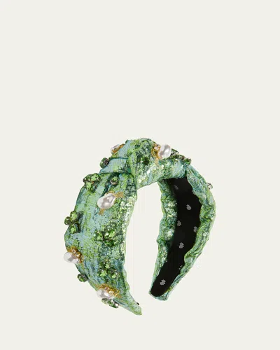 Lele Sadoughi Marina Knotted Jacquard Embellished Headband In Jade