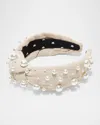 Lele Sadoughi Mixed Pearl Knotted Headband In Khaki Tweed