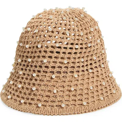 Lele Sadoughi Open Weave Straw Hat With Faux Pearls In Brown