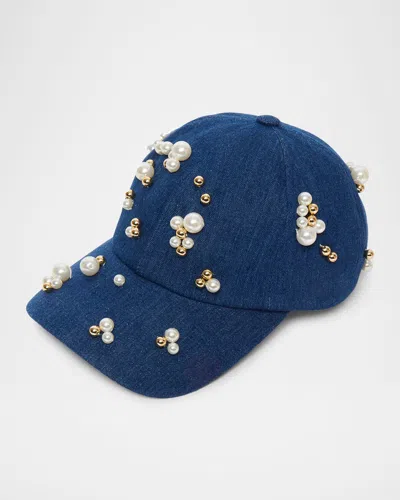 LELE SADOUGHI SCATTERED FAUX-PEARL DENIM BASEBALL CAP
