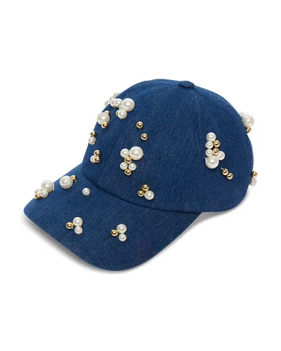 Lele Sadoughi Scattered Faux Pearl Denim Baseball Cap In Blue