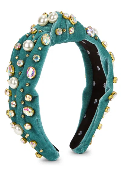 Lele Sadoughi Teal Embellished Velvet Headband In Green