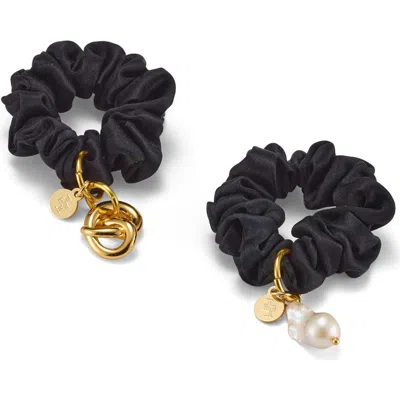 Lelet Ny Glossy Knot & Pearl Bead Charm Set Of 2 Scrunchies In Black
