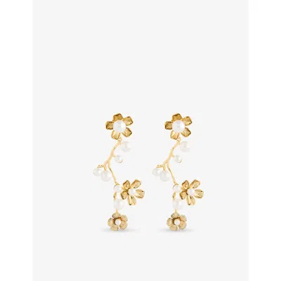Lelet Ny Womens  Brynn Floral Pearl Linear 14ct Yellow Gold Plated-brass And Pearl Drop Earrings