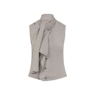 LEMAIRE ANTHRACITE LIGHT TAUPE WOOL ASYMMETRICAL SLEEVELESS CARDIGAN