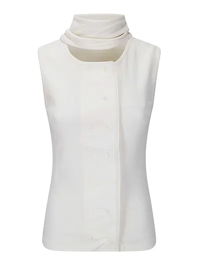 Lemaire Tie-neck Ribbed Stretch-cotton And Linen-blend Jersey Top In White