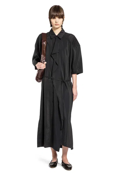 Lemaire Belted Brushed Silk-blend Midi Shirt Dress In Black