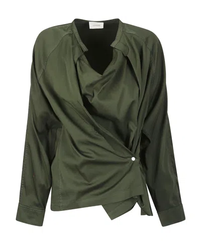 Lemaire Band-collar Asymmetric Cotton Shirt In Green