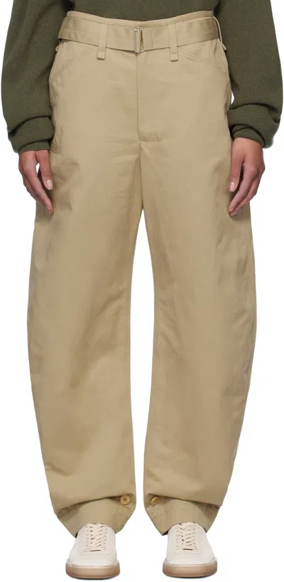 Lemaire Beige Belted Tapered Trousers In Bg260 Sand