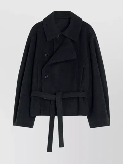 Lemaire Belted Asymmetrical Robe Style Coat In Black