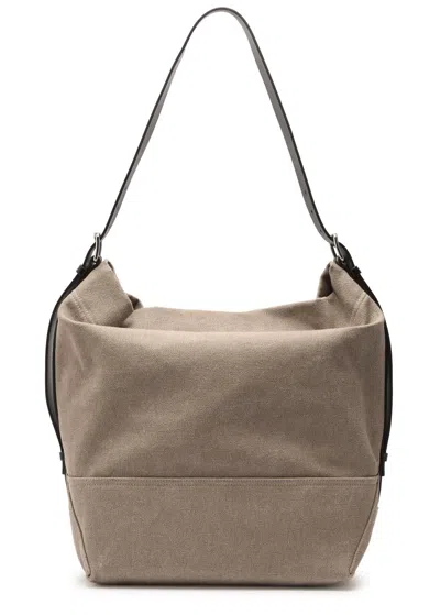 Lemaire Belted Leather And Canvas Tote In Beige