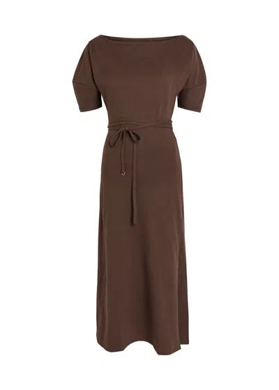 Lemaire Belted Off-the-shoulder Cotton-blend Midi Dress In Brown