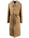 Lemaire Belted Shearling Coat In Brown