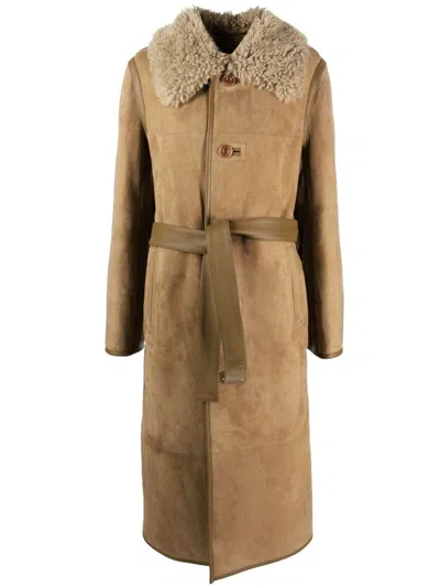 Lemaire Belted Shearling Coat In Brown