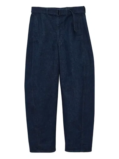 Lemaire Belted Twisted Denim Trousers In Blue