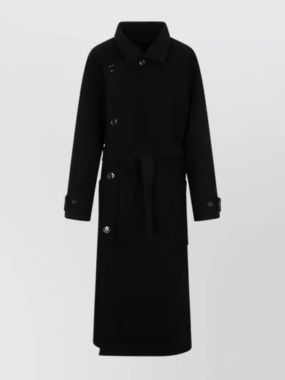Lemaire Belted Waist Wrap Wool Coat In Black