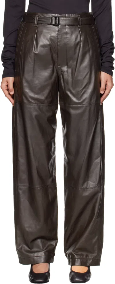 Lemaire Black Drawstring Parachute Leather Pants In Br507 Dark Espresso