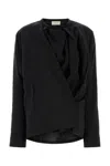 Lemaire Silk Blend Top With Draped Front And Long Sleeves In Black