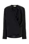 Lemaire Silk Blend Top With Draped Front And Long Sleeves In Black