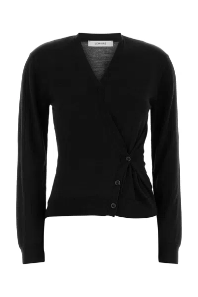 Lemaire Wool Acrylic V Neck Sweater Button Detail In Black